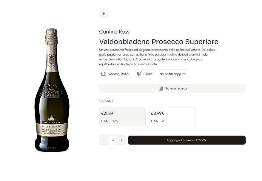 Interfaccia Dolia con la vista sul prodotto. Si vedono i dettagli del prodotto specifici per i vini come la regione, la varietà d'uva e le varianti.