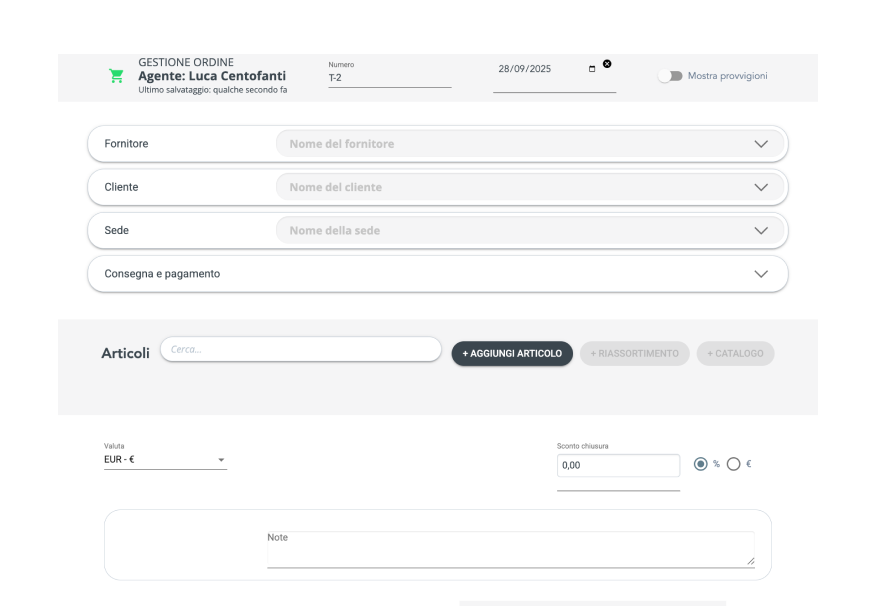 Schermata di Order Sender che richiede un processo manuale di 5 minuti per creare un ordine