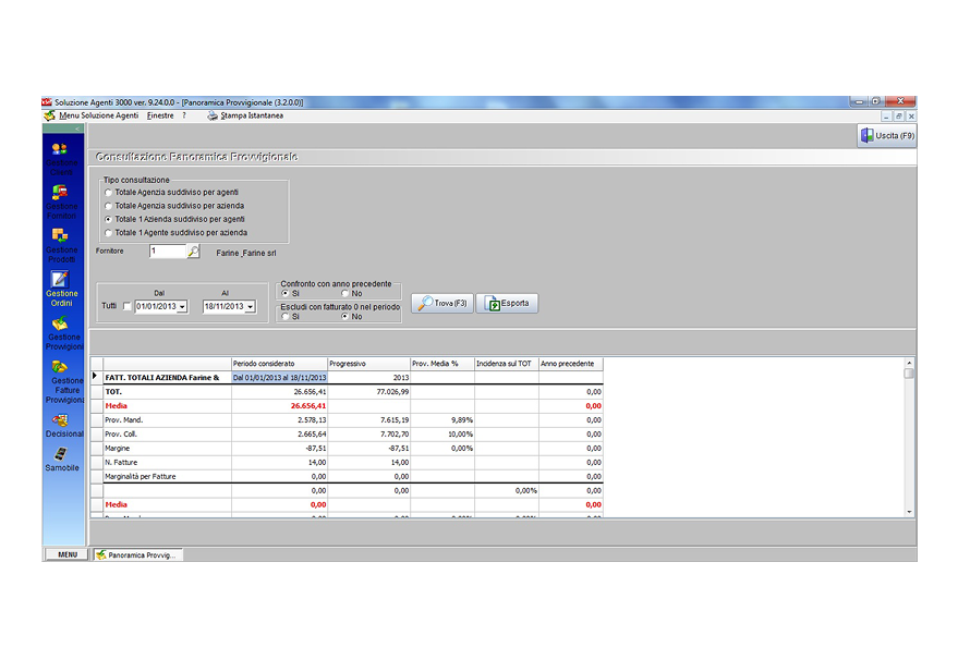 Schermata commissioni di Soluzione Agenti. Si vede una tabella con una panoramica sulle commissioni fatturate.