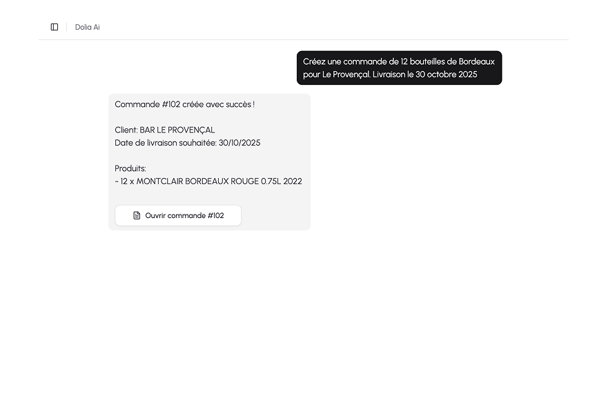 Interface Dolia avec écran Dolia AI. Une conversation où l’utilisateur demande la création d’une commande et l’IA la valide.