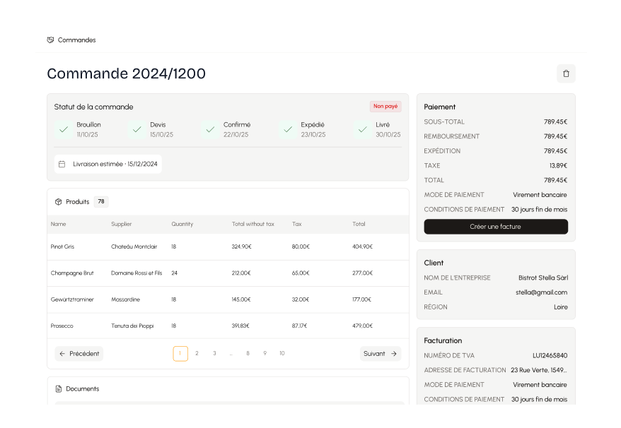 Interface Dolia avec écran détail commande. Montre les détails sur le statut de la commande et les principales informations client et facturation.