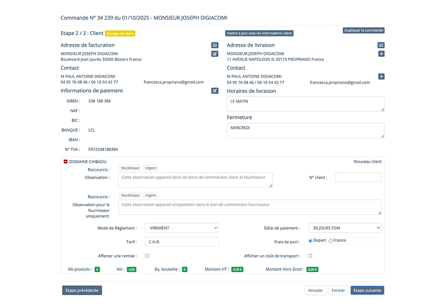 Écran de VinoVentesPro montrant le processus manuel de création de commande.