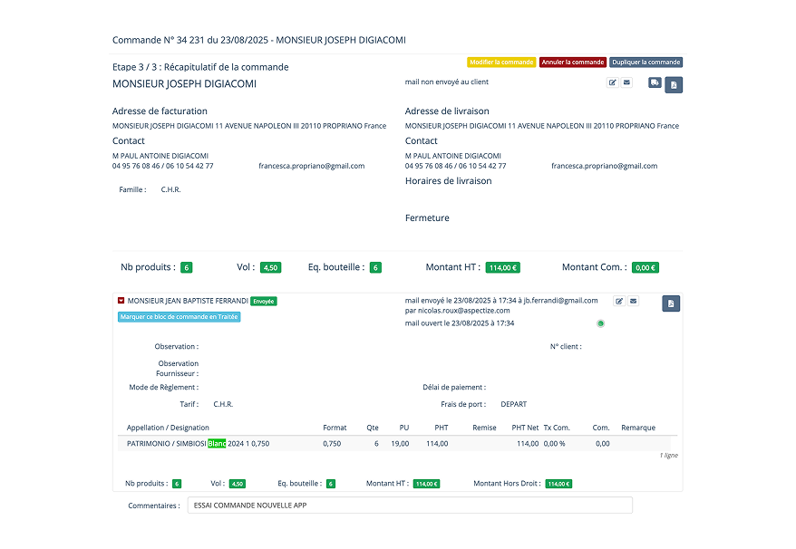 Écran des commandes de VinoVentesPro. Montre un ensemble d’informations sur la commande et plusieurs menus séparés.